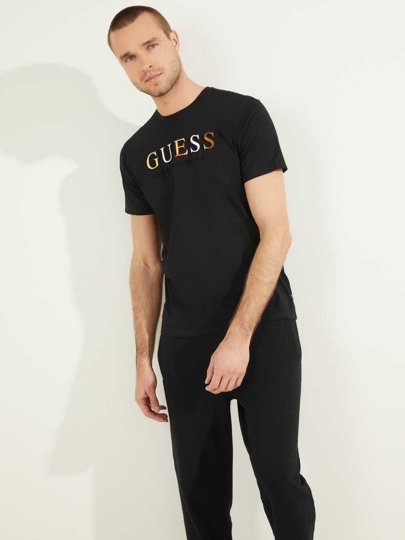 Koszulki Męskie Guess Embossed Logo Tee Czarne | 461259-NXR