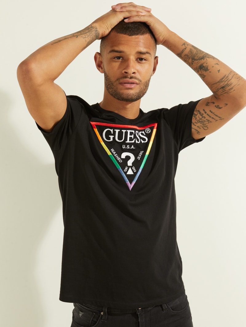 Koszulki Męskie Guess Embroidered Rainbow Logo Tee Czarne | 519043-GWX