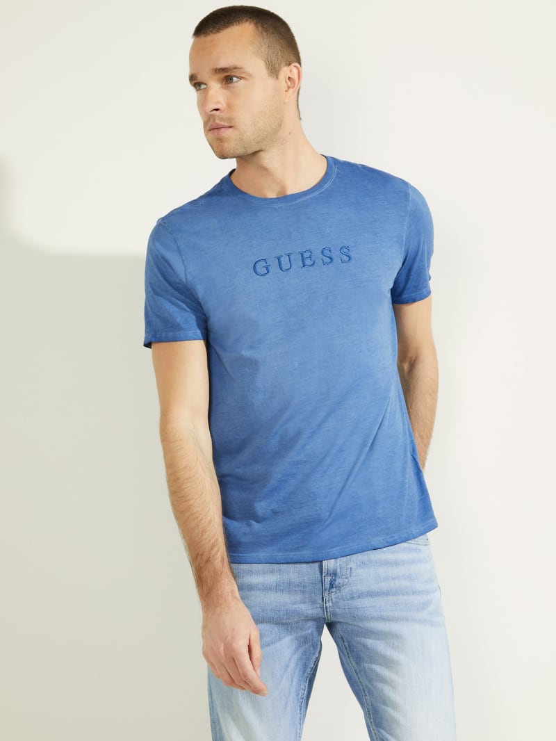 Koszulki Męskie Guess Klasyczne Pima Washed Logo Tee Niebieskie | 295740-VBI