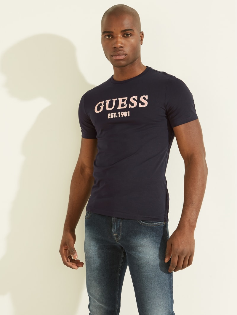 Koszulki Męskie Guess Point Logo Tee Niebieskie | 732159-NAH