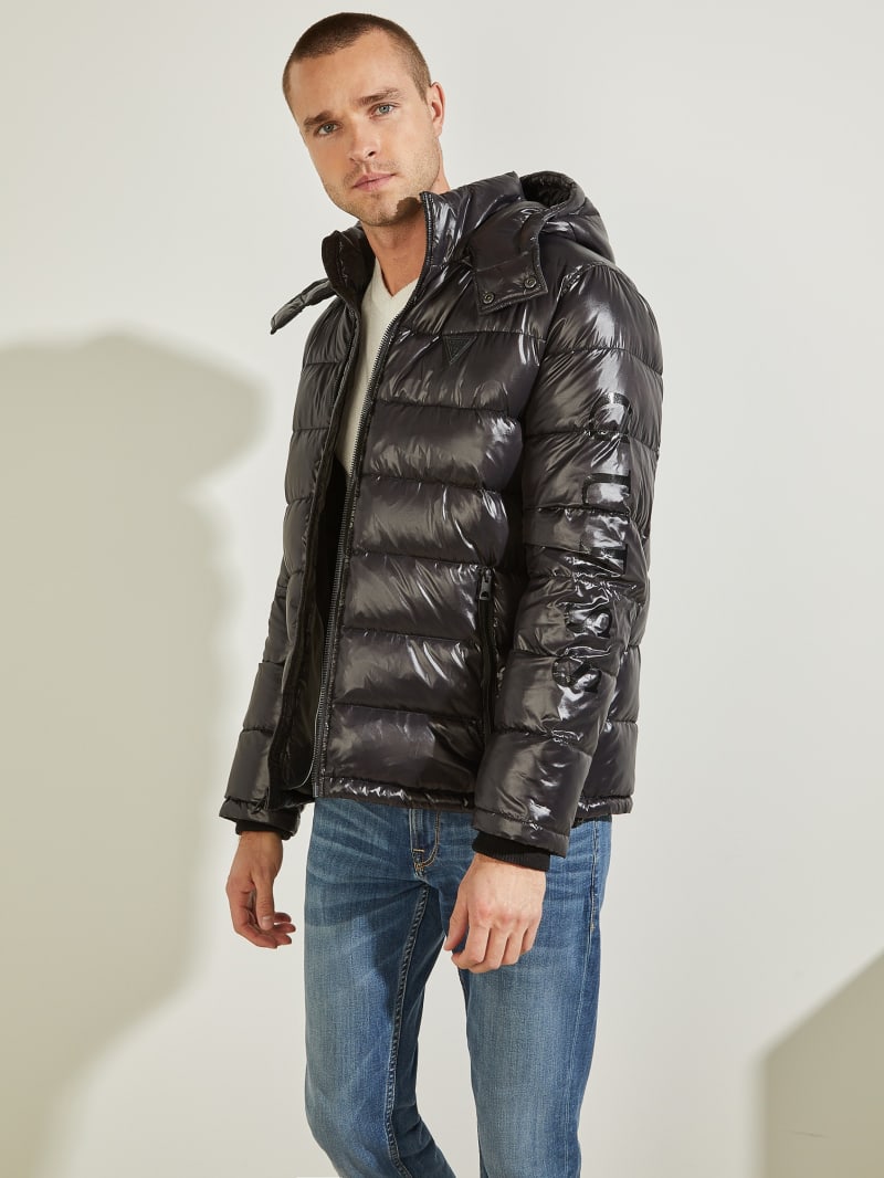 Kurtki Męskie Guess Anthony Logo Puffer Czarne | 218534-IEV