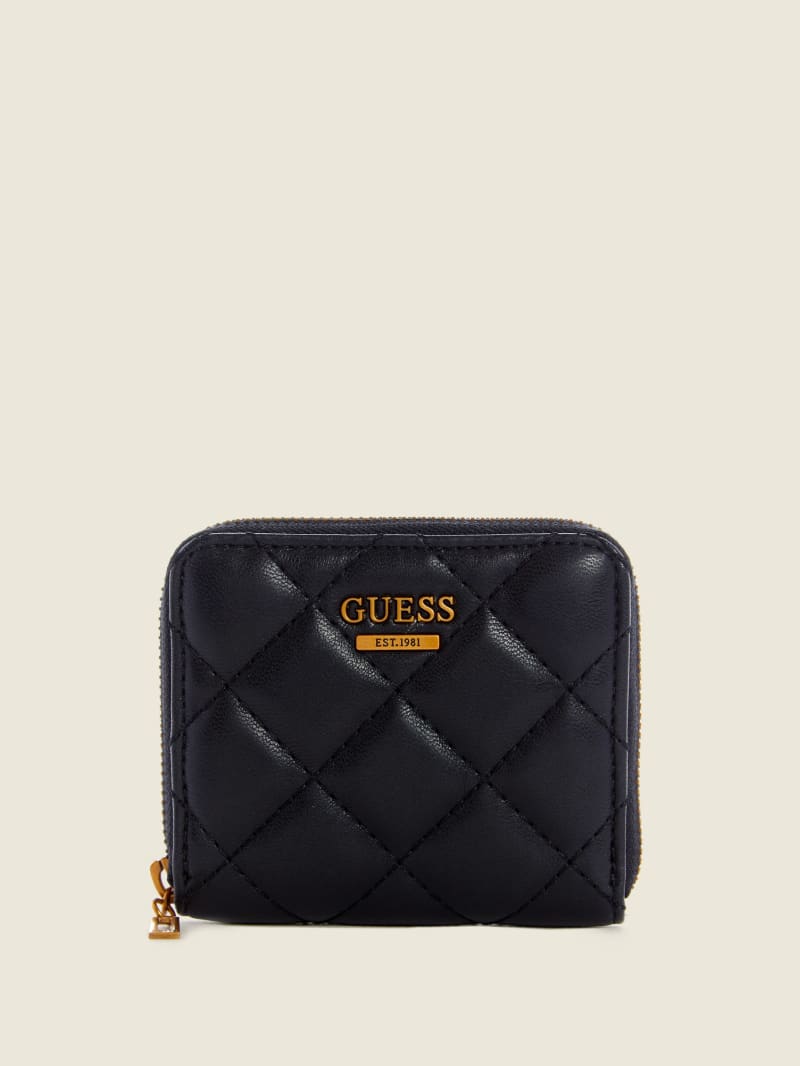 Portfele Damskie Guess Cessily Quilted Small Zip-Around Czarne | 904738-QDO