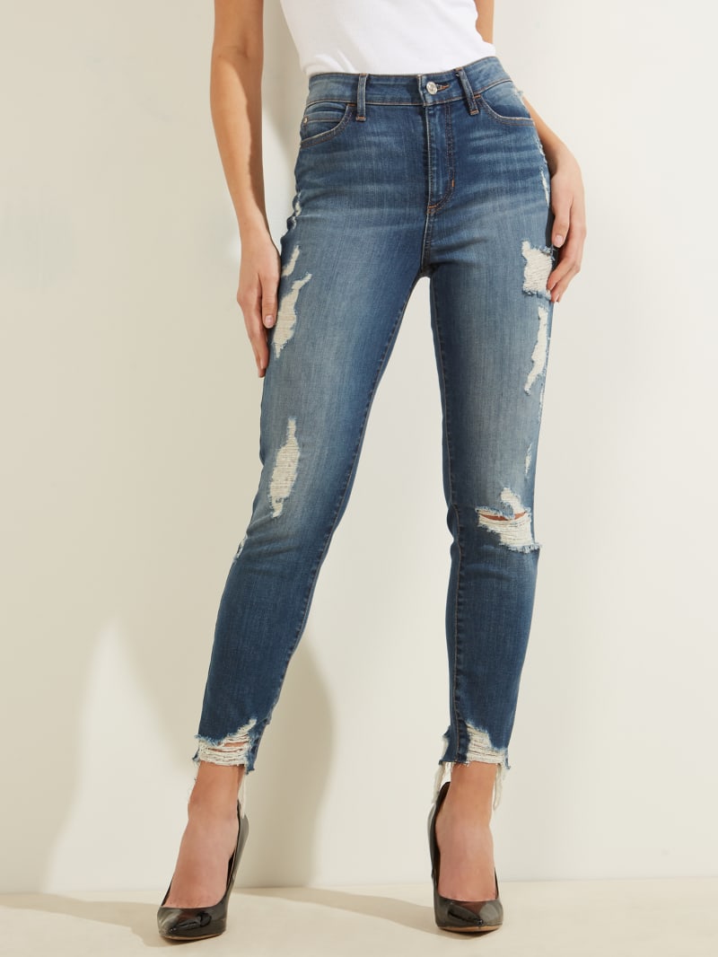 Spodnie Damskie Guess 1981 Destroyed High-Rise Skinny Niebieskie | 721483-OTW