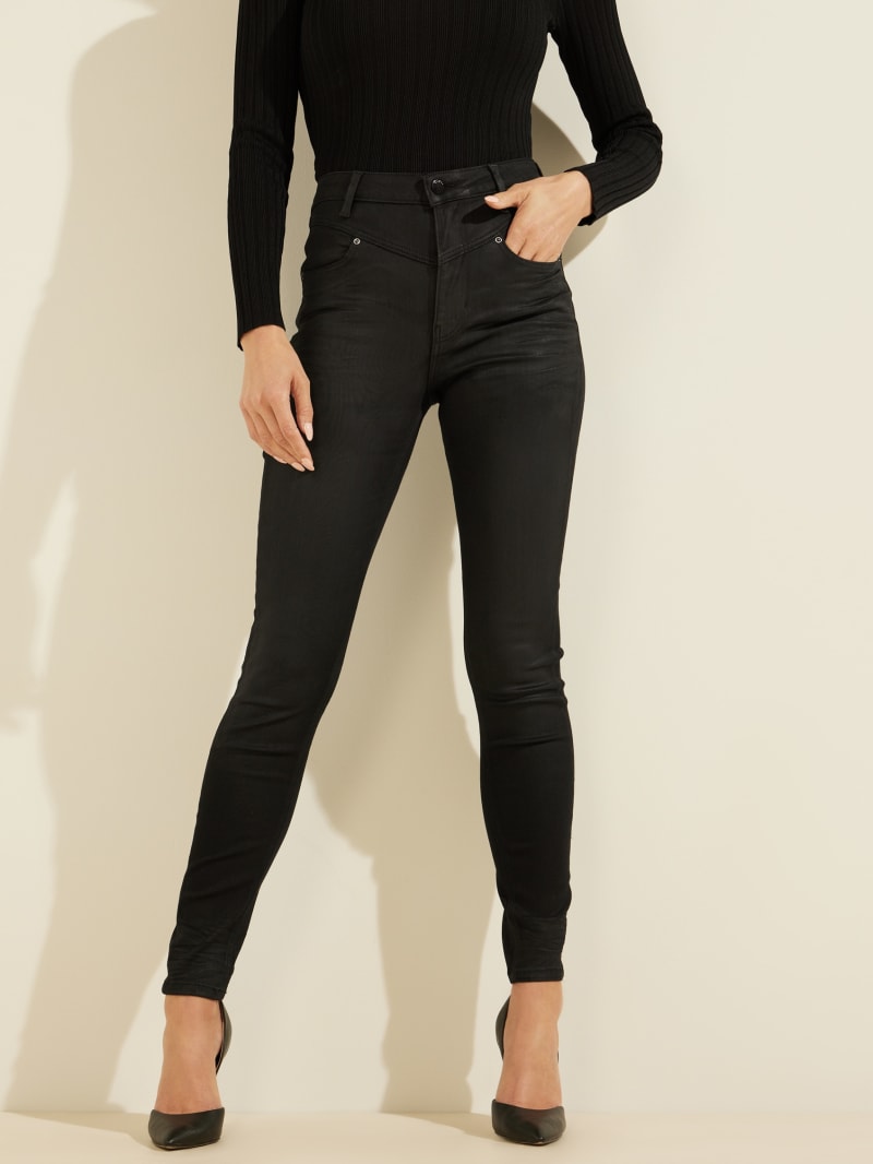 Spodnie Damskie Guess Eco Super High-Rise Skinny Czarne | 518376-CRM