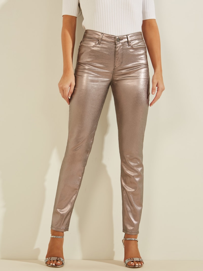 Spodnie Damskie Guess Metallic 1981 Skinny Platyna | 604298-LYX