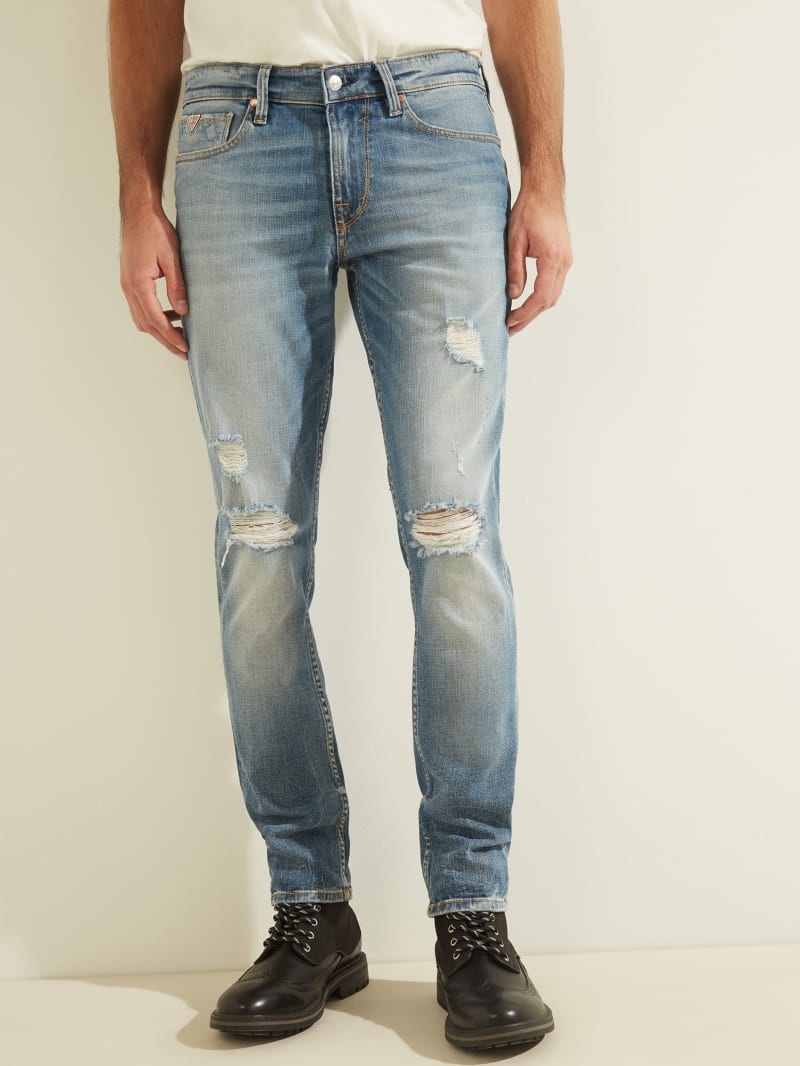 Spodnie Męskie Guess Distressed Slim Tapered Niebieskie | 251409-ROL