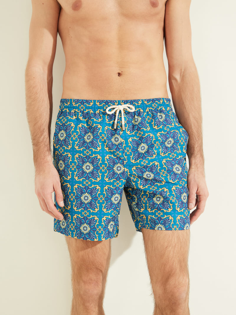 Stroje Kąpielowe Męskie Guess Mosaic Swim Trunks Niebieskie | 832945-CUN