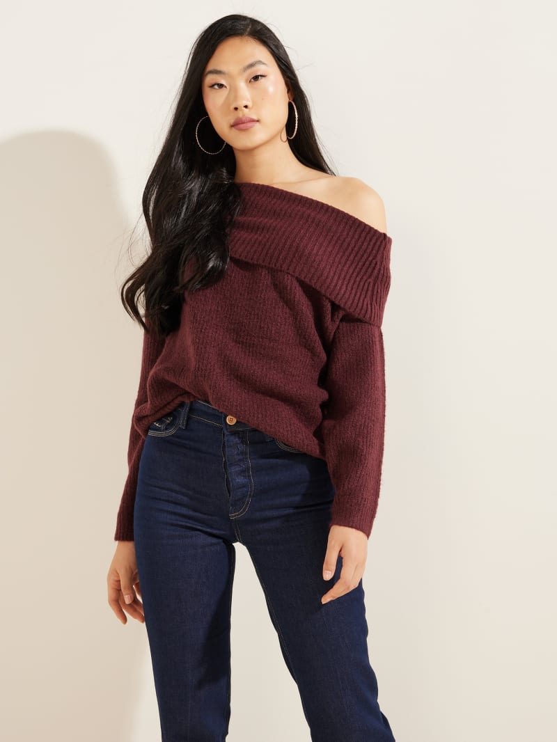 Swetry Damskie Guess Eco Gerri Off-the-Shoulder Bordowe | 327419-XAL