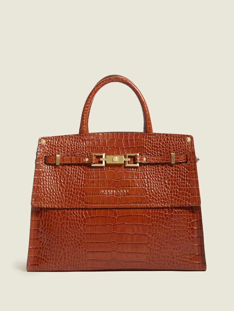 Torba Satchel Damskie Guess Cristina Croc Skórzane Brązowe | 809724-NHQ