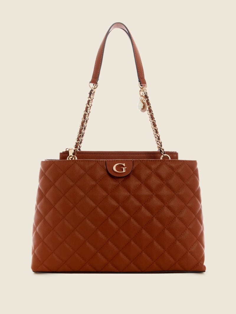 Torba Satchel Damskie Guess Gillian Quilted High Society Brązowe | 904172-ONR