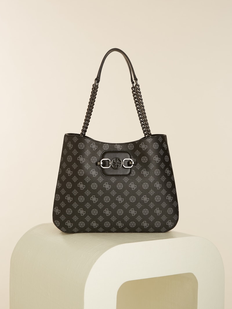 Torby Tote Damskie Guess Hensely Logo Girlfriend Czarne | 259084-GUC