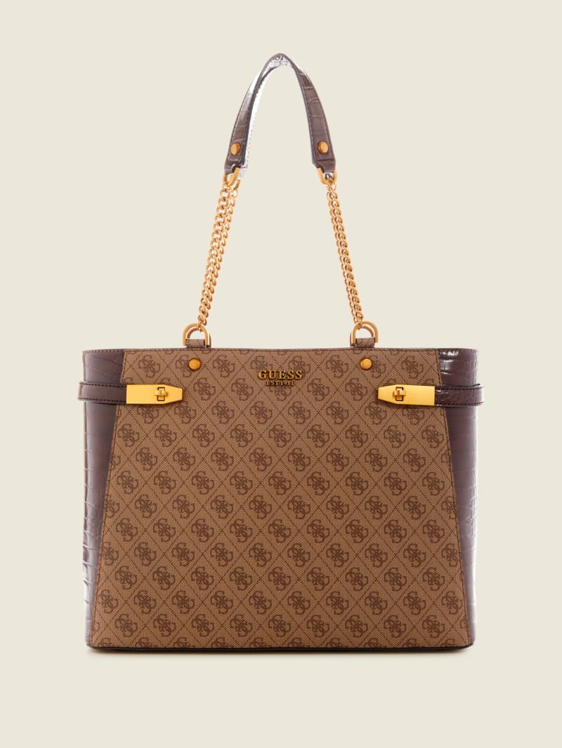 Torby Tote Damskie Guess Zadie Logo Girlfriend Brązowe | 520983-JPK