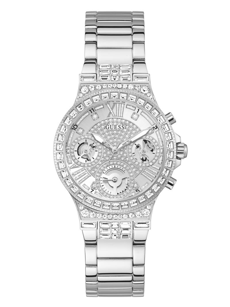 Zegarek Damskie Guess Silver-Tone and Rhinestone Wielofunkcyjny Srebrne | 156932-WJD