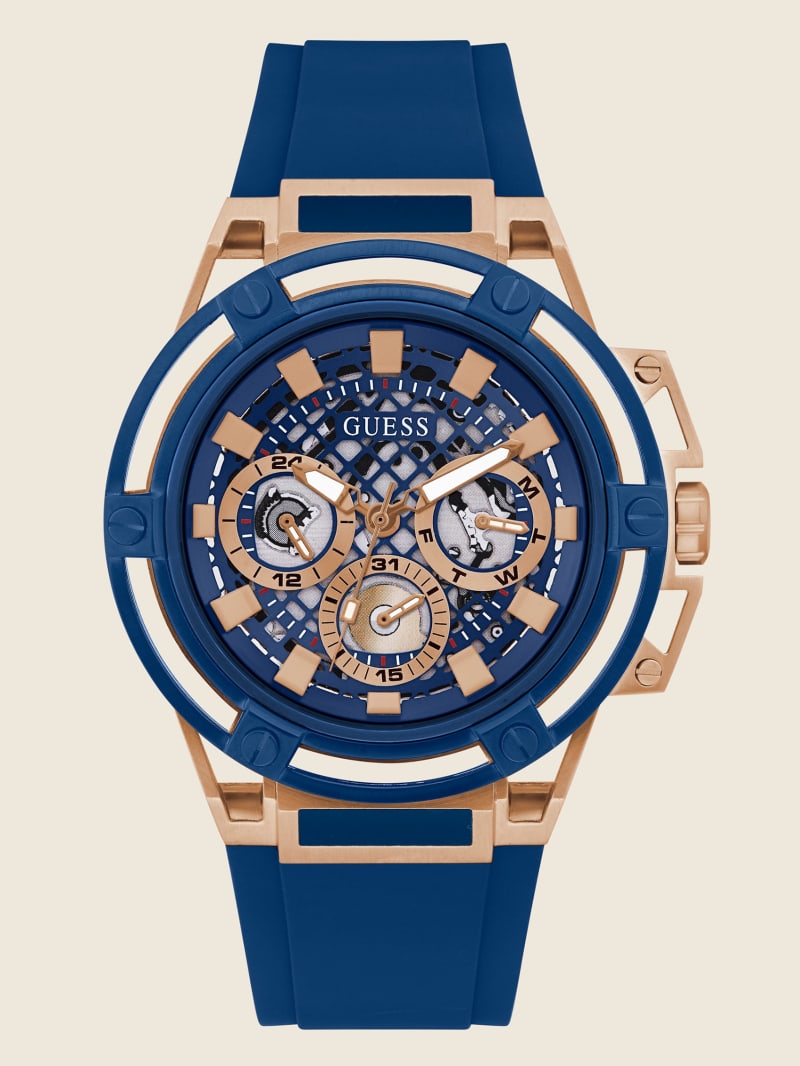 Zegarek Męskie Guess Blue and Rose Gold-Tone Wielofunkcyjny Niebieskie | 765318-ZCJ