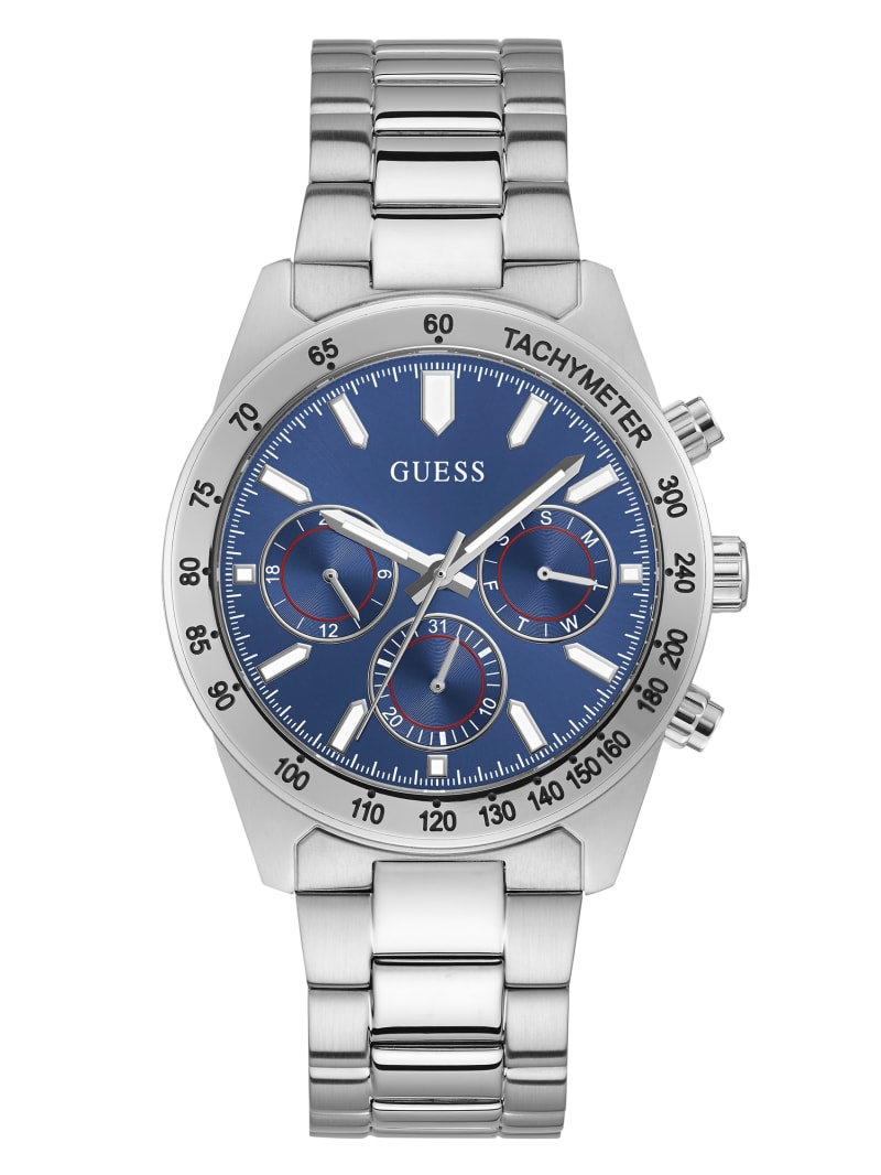 Zegarek Męskie Guess Silver-Tone And Blue Tachymeter Srebrne | 846352-NEC