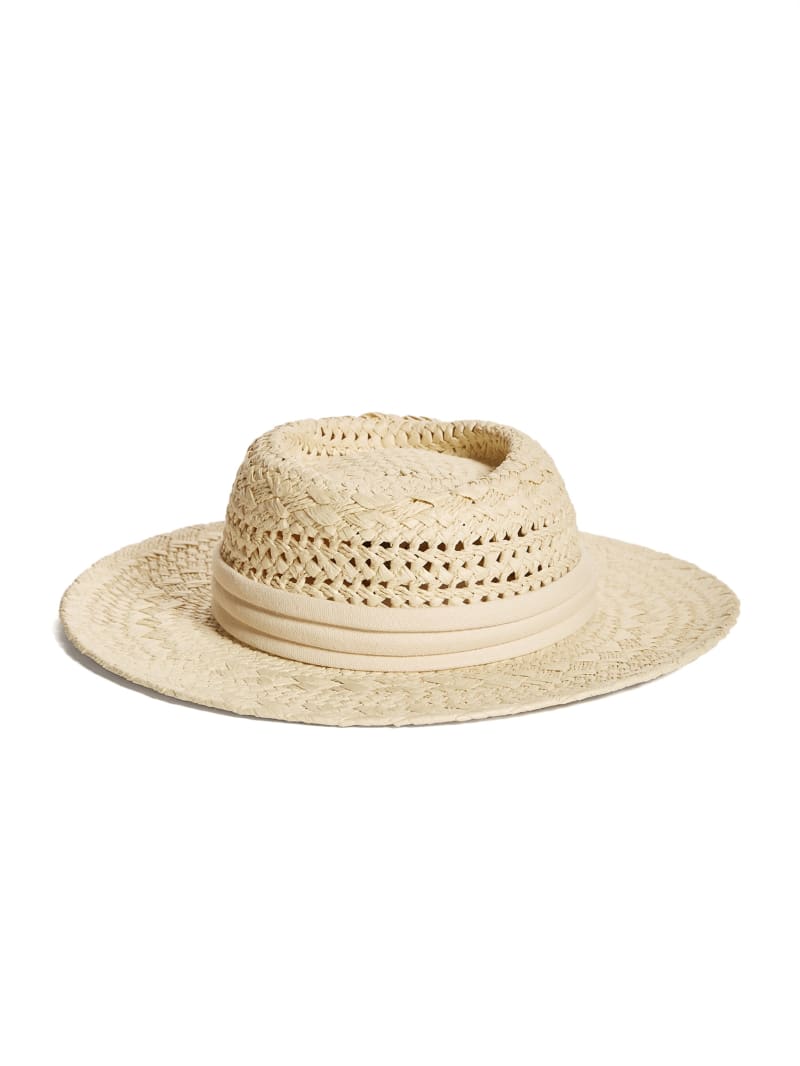 Czapki Damskie Guess Reya Szerokie-Brim Straw Beżowe | 275691-SJM