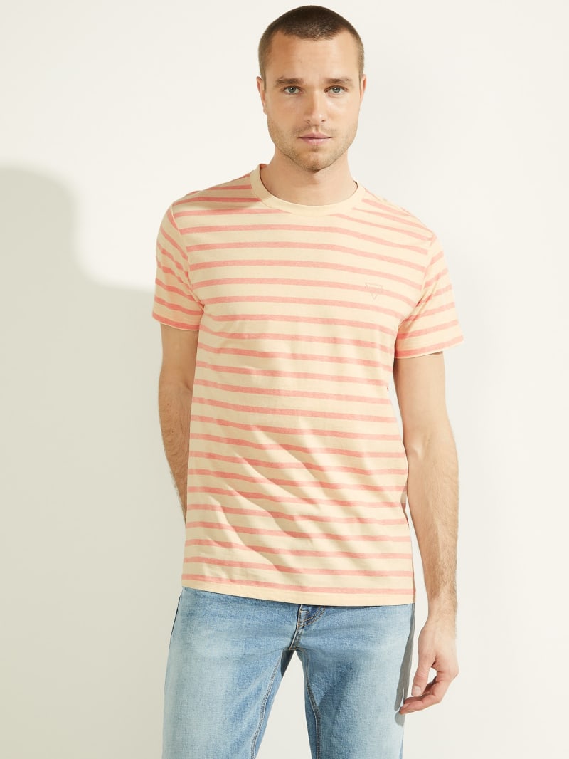 Koszulki Męskie Guess Finn Pique Striped Tee Różowe | 564127-NXT