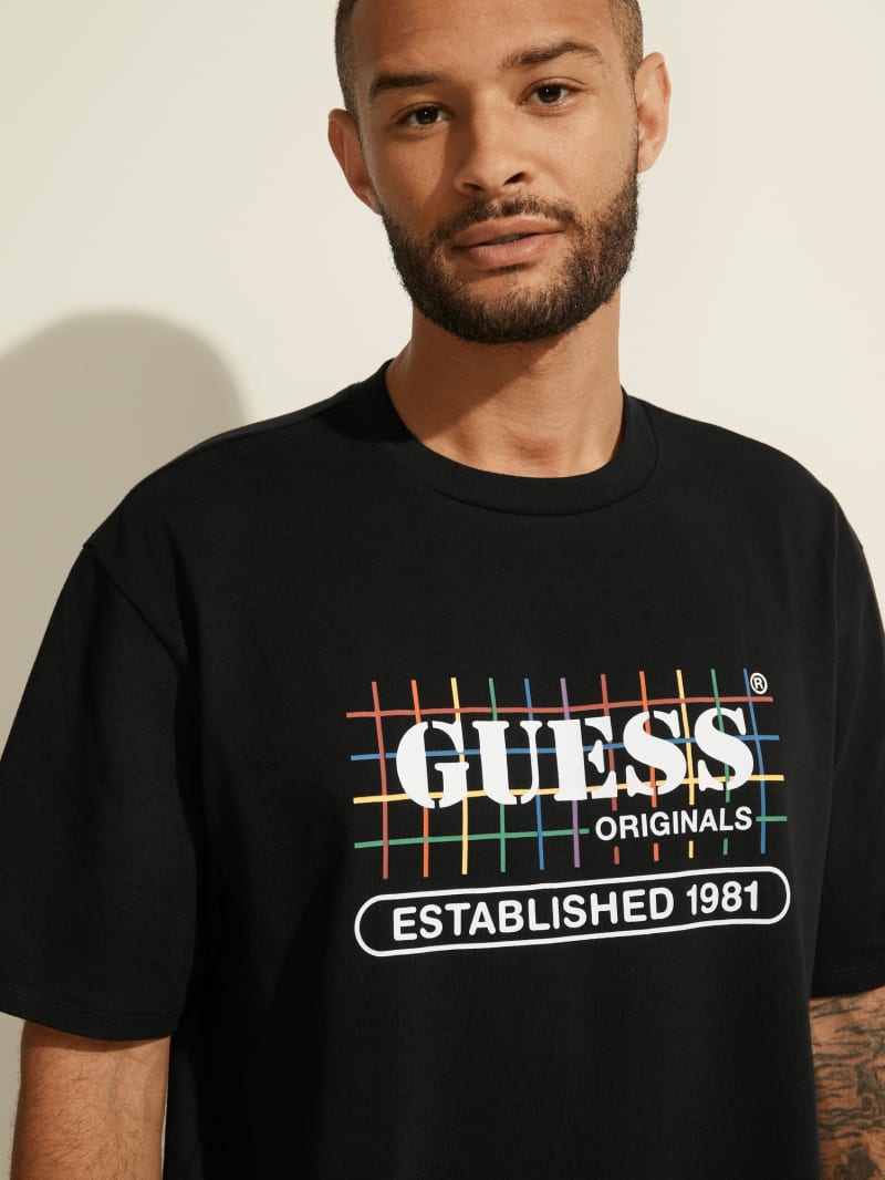 Koszulki Męskie Guess GUESS Oryginalne Rainbow Grid Tee Czarne | 940683-MZA