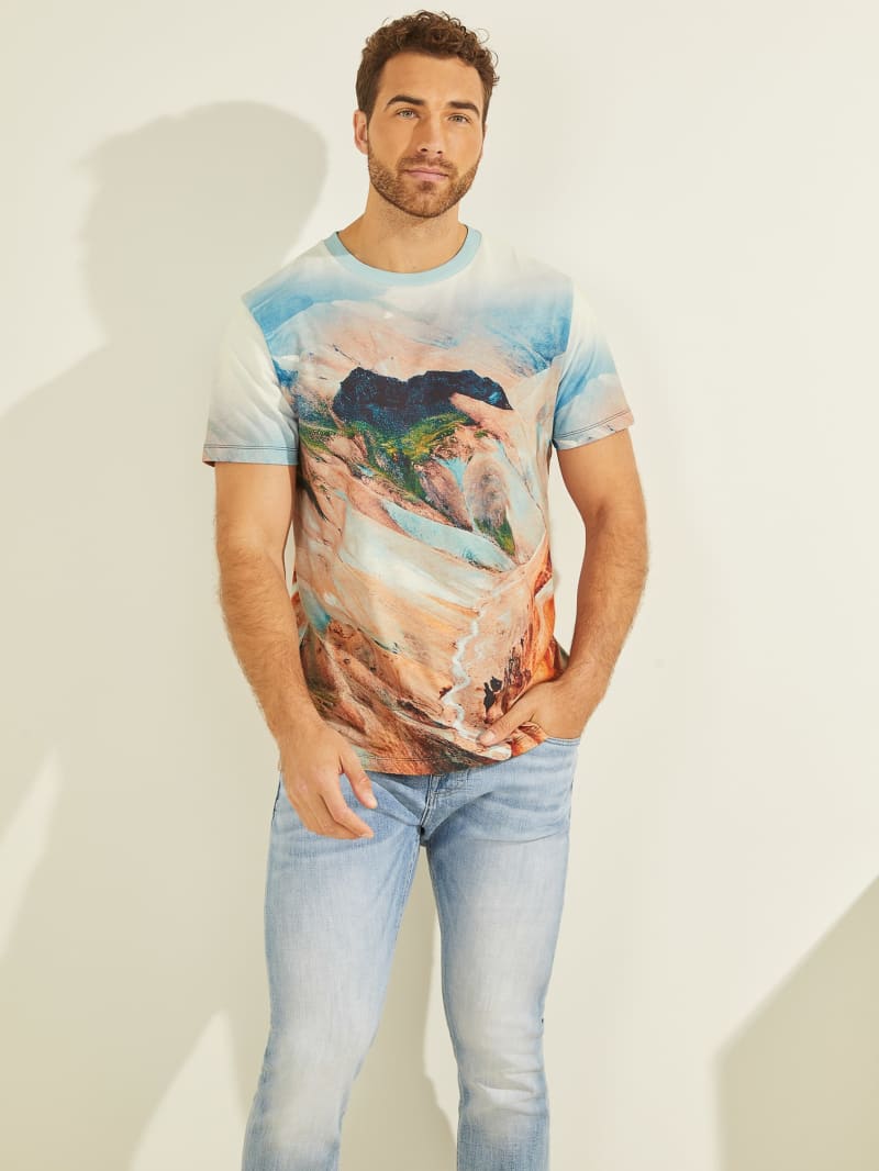 Koszulki Męskie Guess Landscape Tee Niebieskie | 026597-KEV