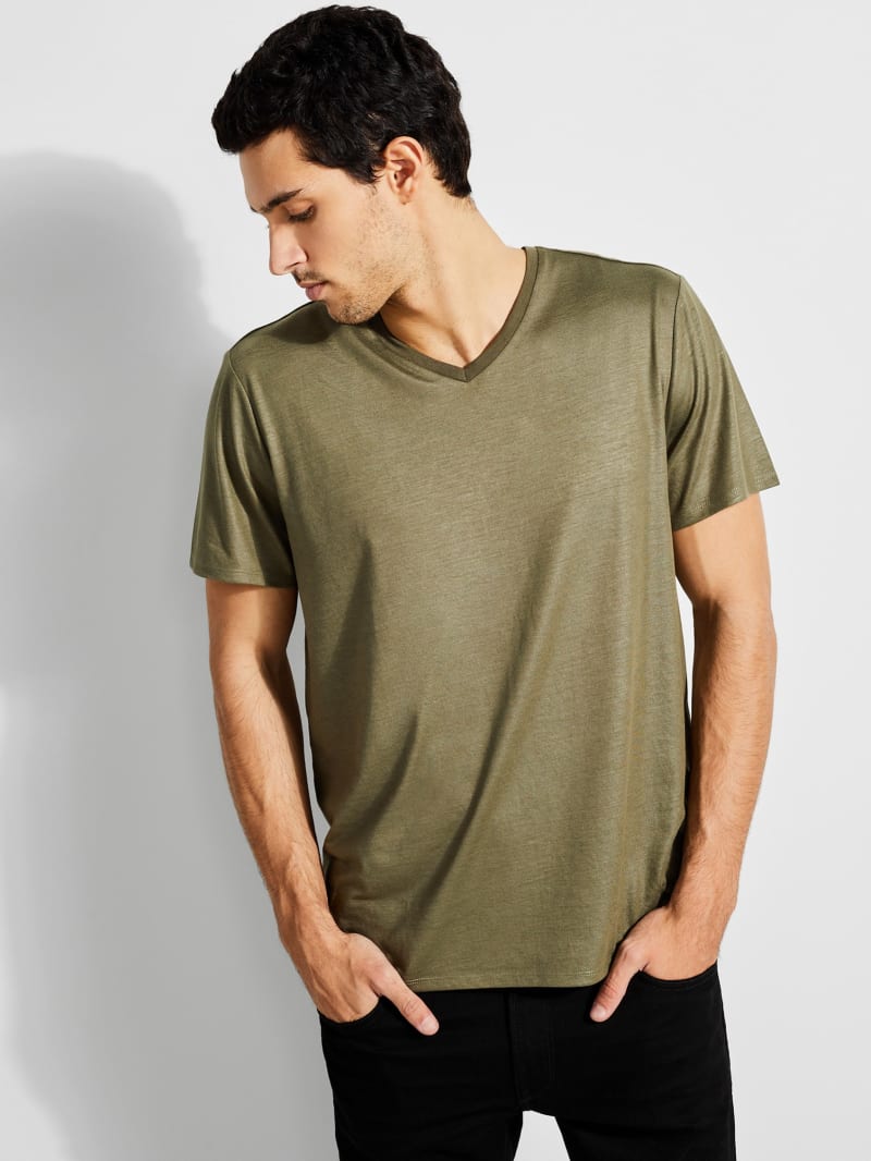 Koszulki Męskie Guess Mason Yoke V-Neck Tee Oliwkowe | 432619-GKW