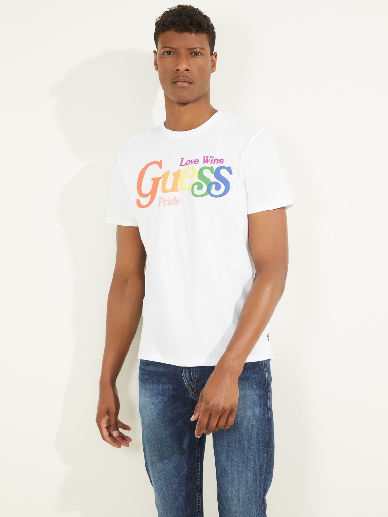 Koszulki Męskie Guess Pride Logo Tee Białe | 546938-ADX