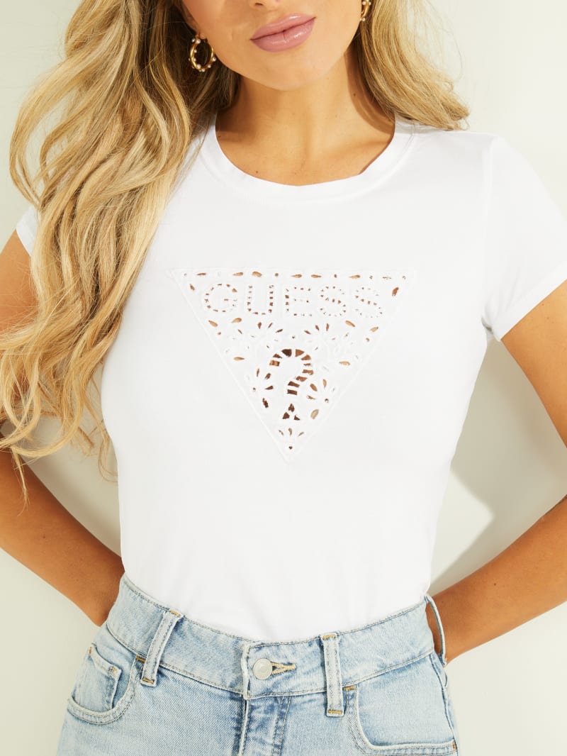 Najfatalniejszy Damskie Guess Eco Eyelet Logo Tee Białe | 358769-WAY