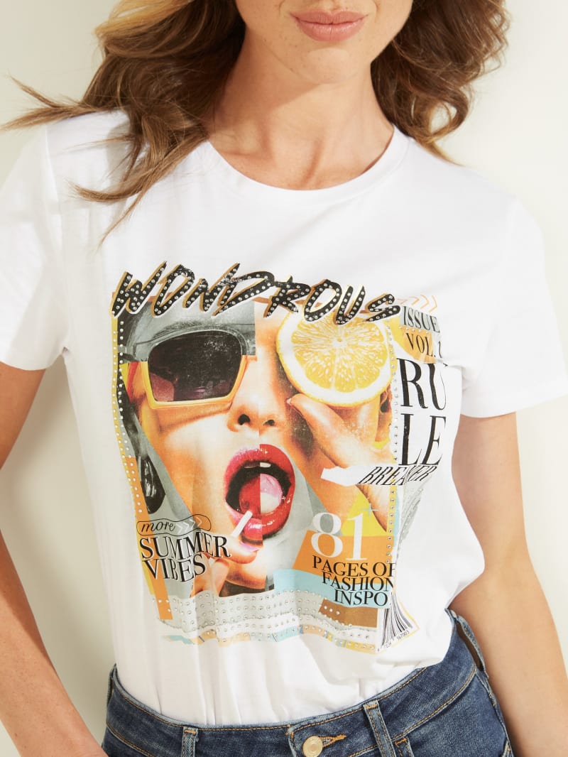 Najfatalniejszy Damskie Guess Wondrous Magazine Graphic Tee Białe | 619054-HYW