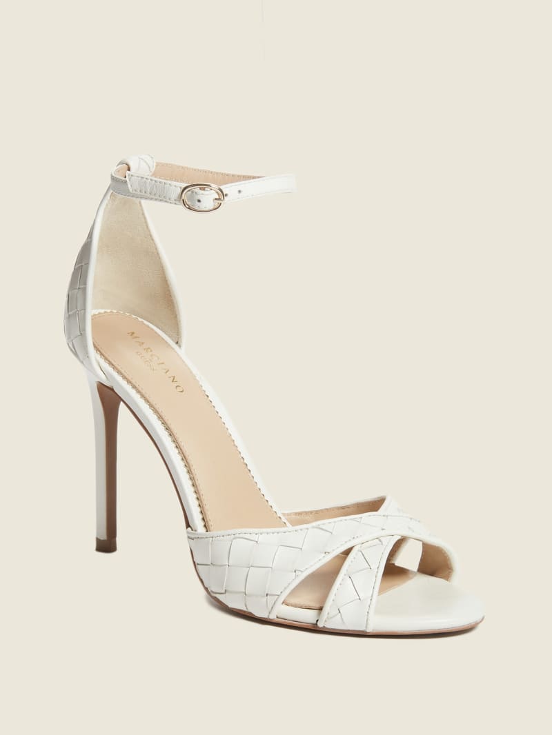 Sandały Damskie Guess Abieli Woven Skórzane Stiletto Białe | 287304-PIZ