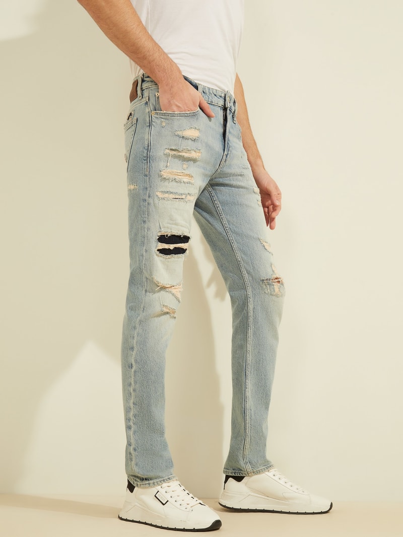 Spodnie Męskie Guess Distressed Slim Taper Głęboka Niebieskie | 591068-LYC