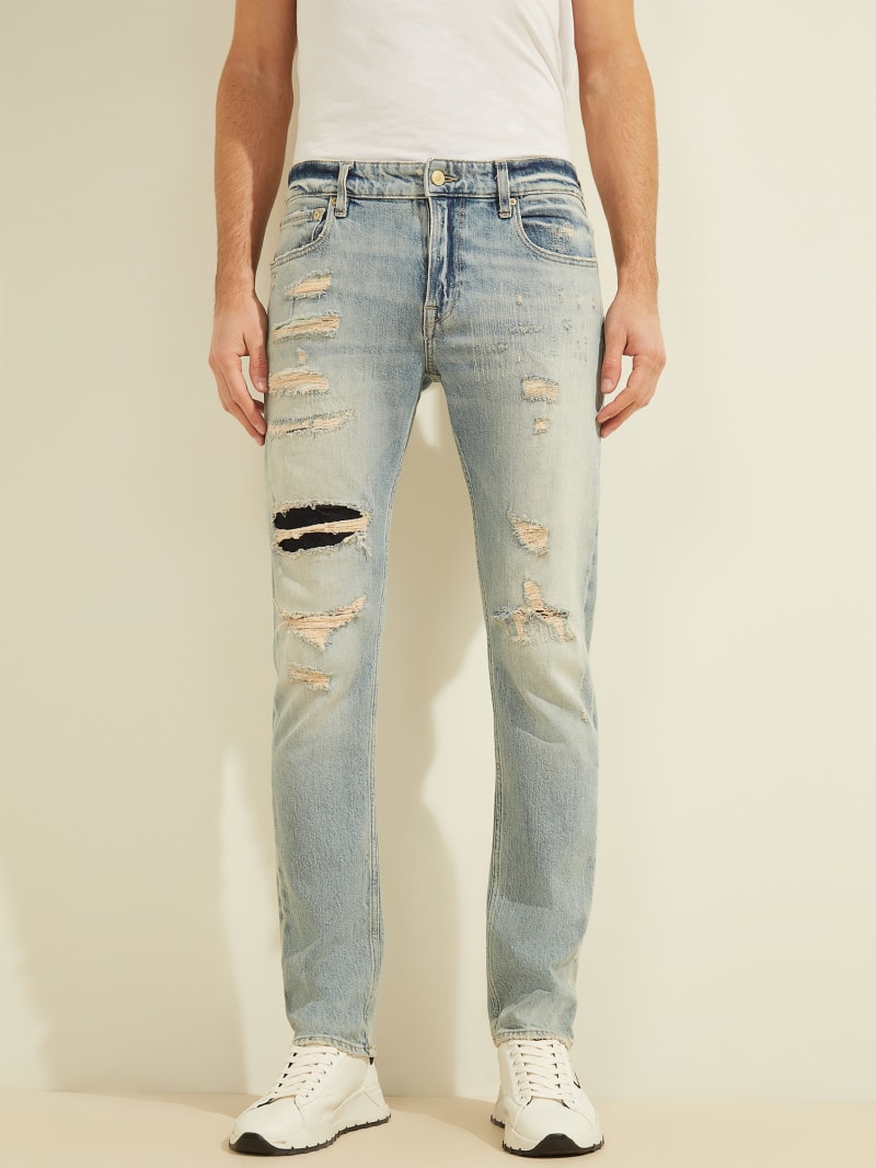 Spodnie Męskie Guess Distressed Slim Taper Głęboka Niebieskie | 591068-LYC