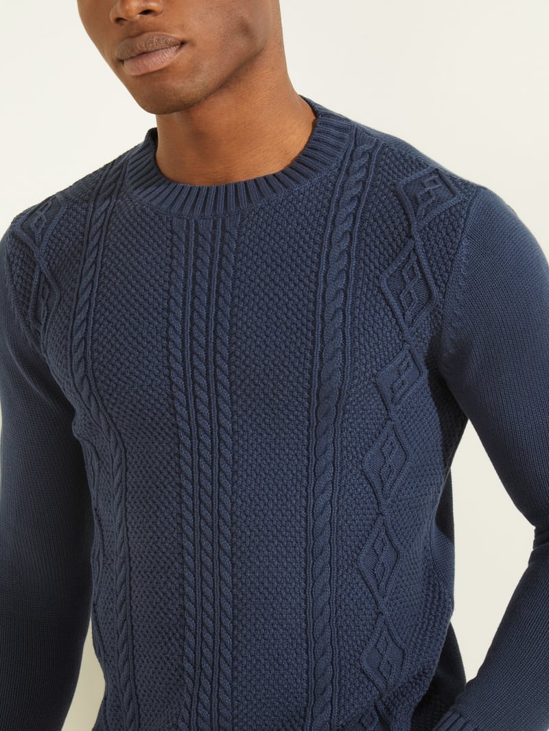 Swetry Męskie Guess Cable-Knit Crewneck Niebieskie | 452189-YMH