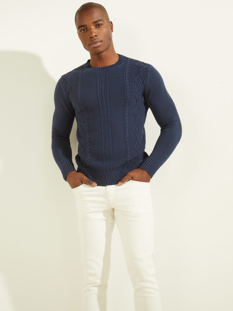 Swetry Męskie Guess Cable-Knit Crewneck Niebieskie | 452189-YMH