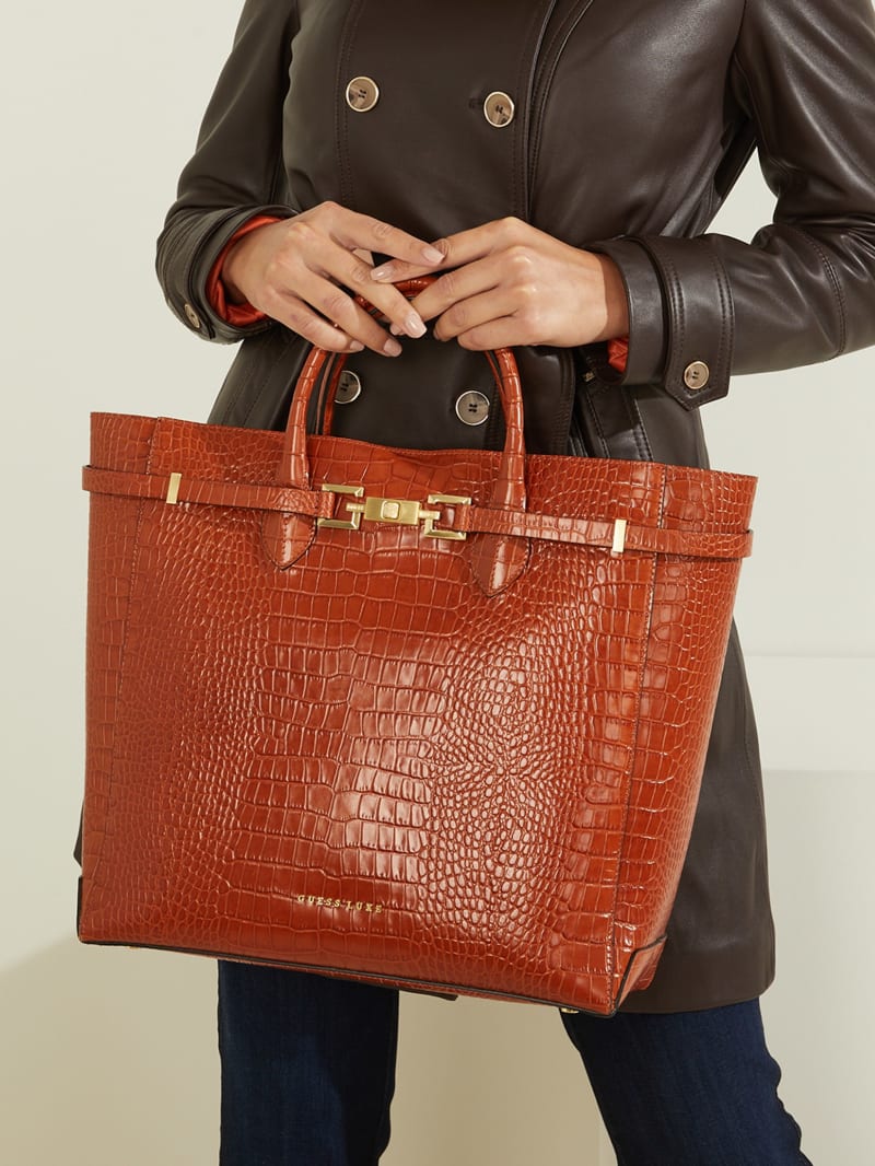 Torby Tote Damskie Guess Cristina Croc Skórzane Brązowe | 672031-WEV