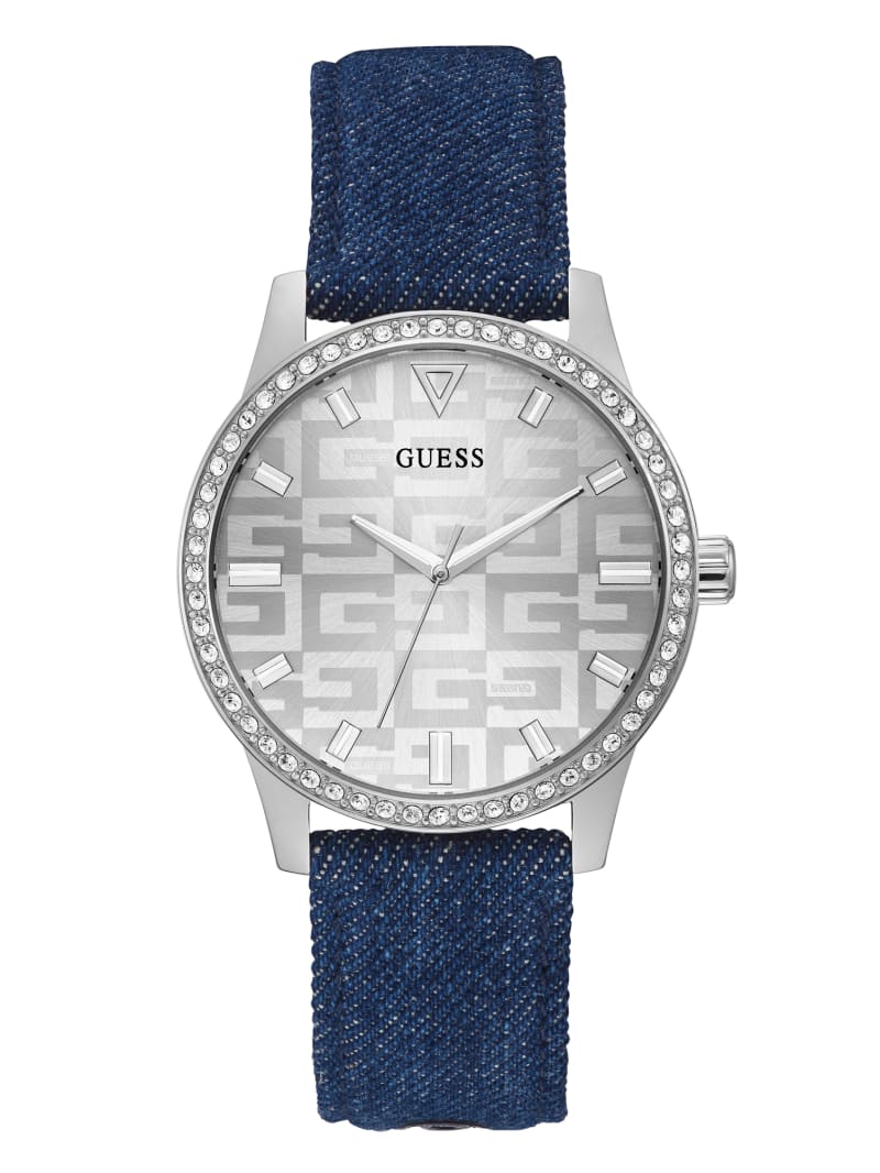 Zegarek Damskie Guess Silver-Tone and Denim Logo Analog Niebieskie | 605927-CDV