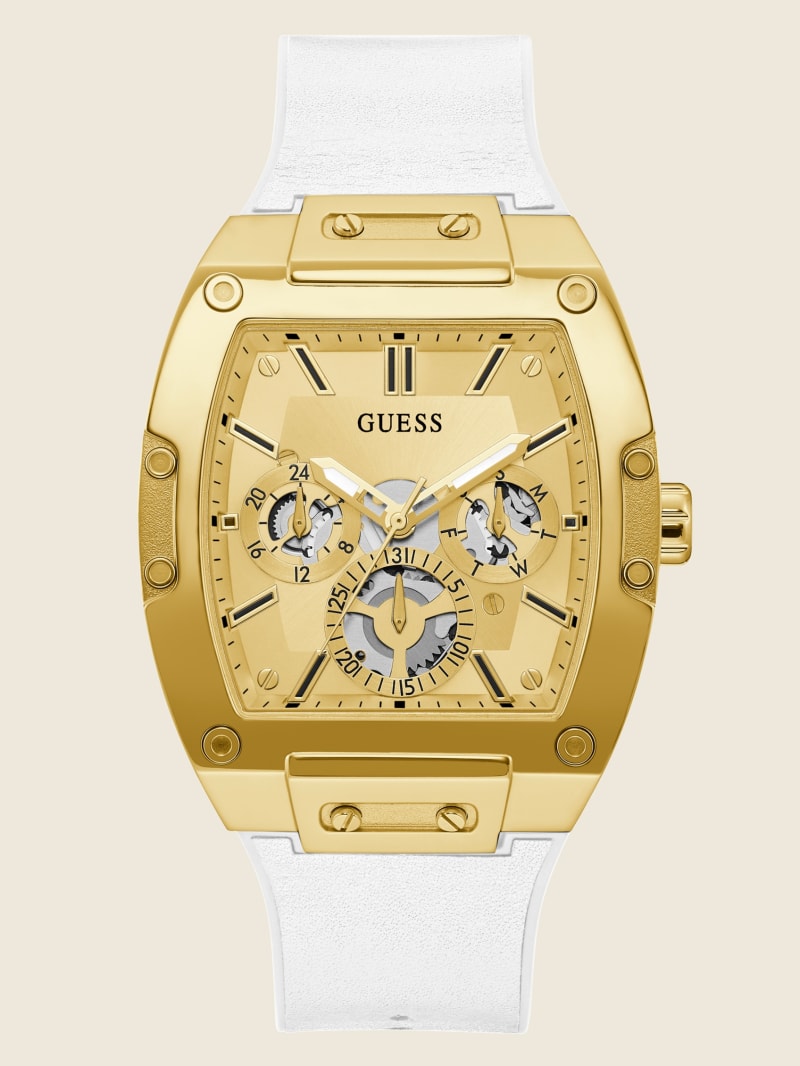 Zegarek Męskie Guess Gold-Tone and White Rectangular Wielofunkcyjny Białe | 698502-GFT