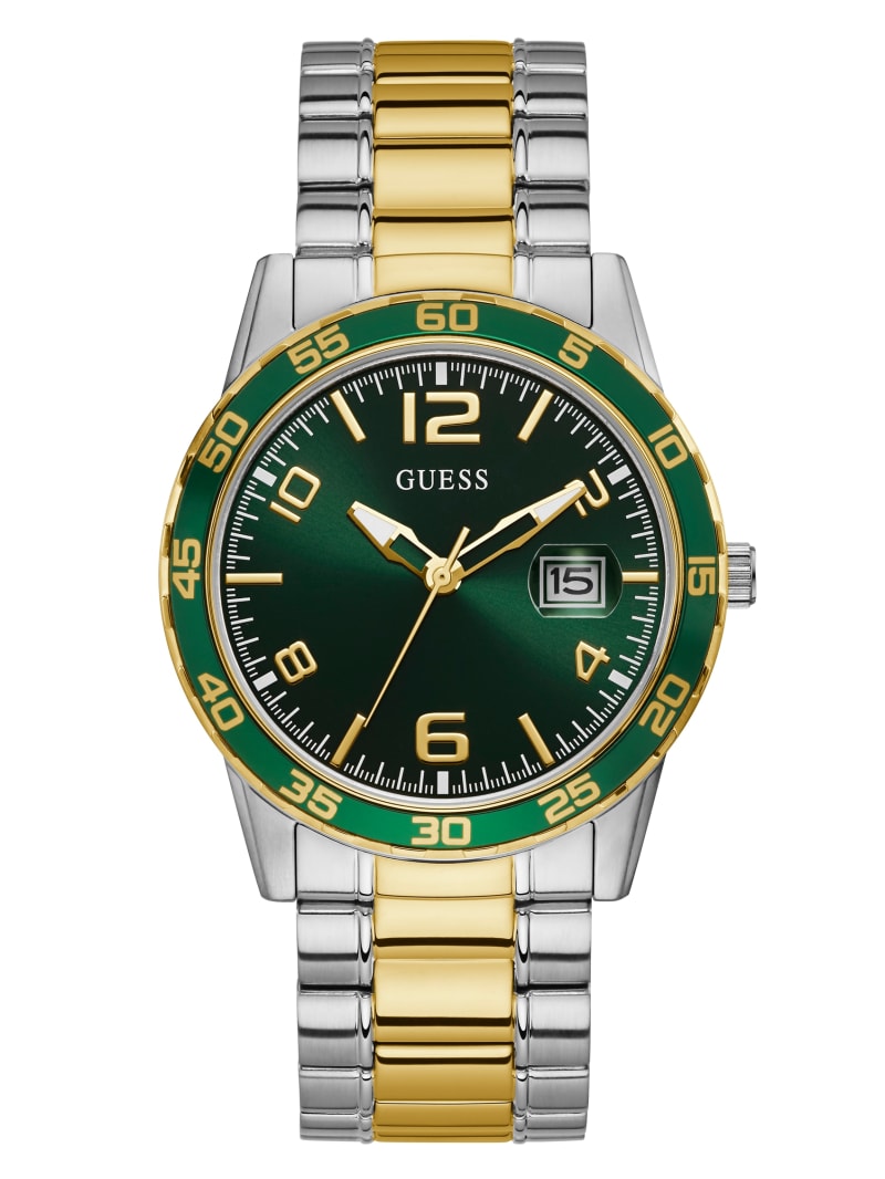 Zegarek Męskie Guess Two-Tone Metal And Green Dial Analog Srebrne | 817659-AZJ